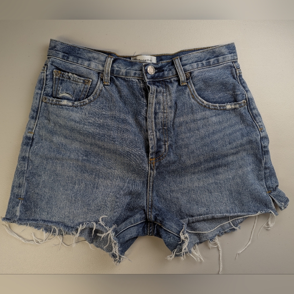 By Together Distressed Denim Shorts Cut Off Womens Medium Raw Hem High Waist